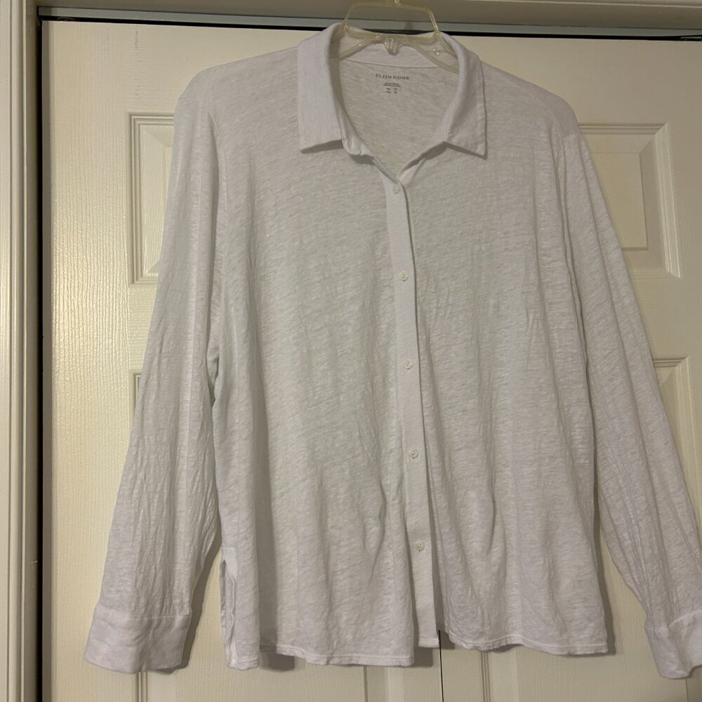 EILEEN FISHER Sz 1X White Linen Long Sleeve Button Down Blouse Top